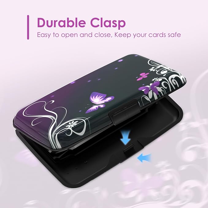 Credit Card Holder Mini, Purple Butterfly RFID Blocking Aluminum Wallet Slim Metal Hard Case Travel Wallet ID Case for Women Men