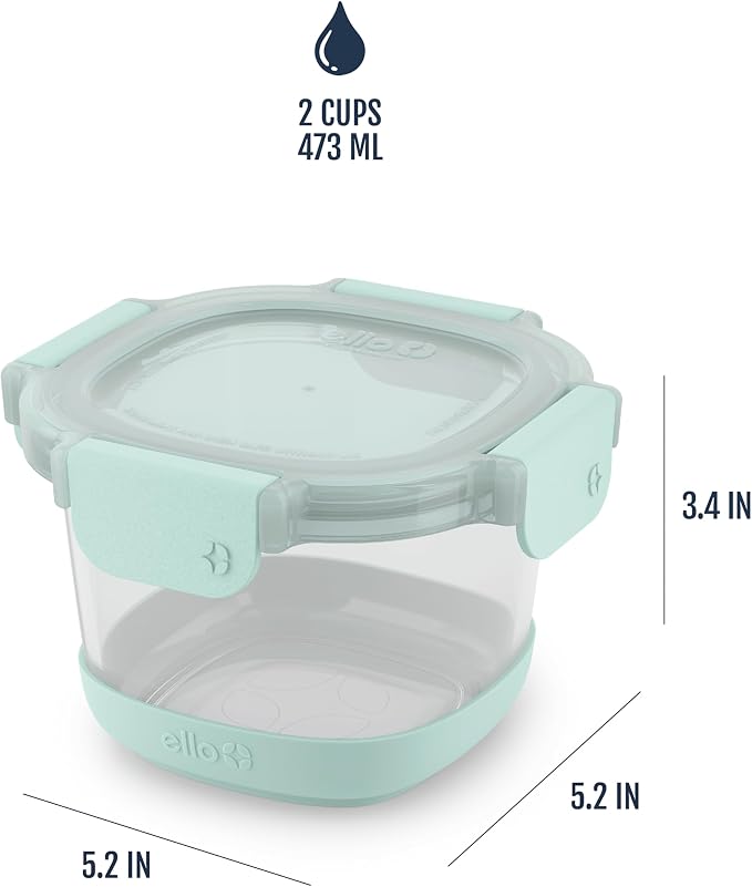 Ello Duraglass Refresh 2 Cup Glass Storage Containers, 4 Pack, Garden Goals | Glass meal prep container set with silicone boots, airtight leakproof BPA-free lids, microwave, freezer & dishwasher safe