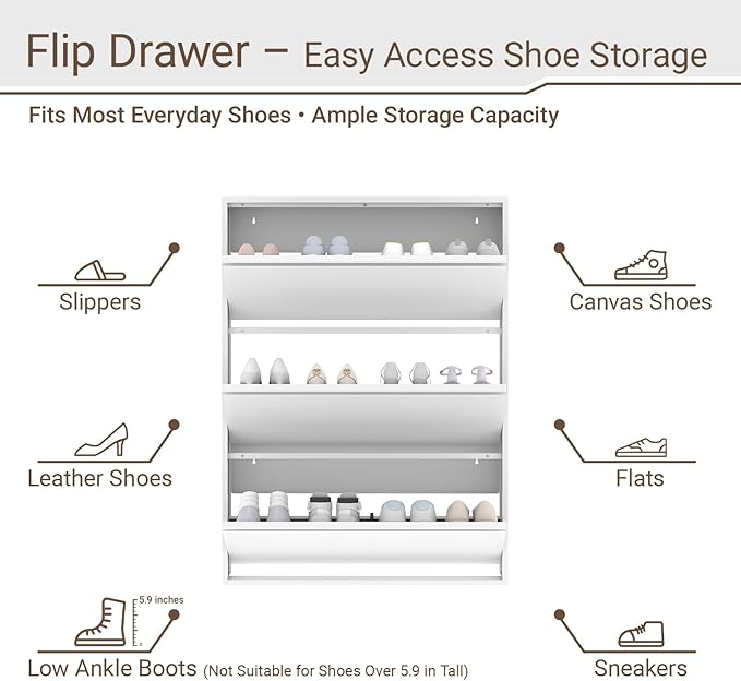 Shoe Cabinet with 3 Flip Drawers, Slim Metal Wall-Mounted Shoe Storage Organizer for Entryway, Hallway, Mudroom, Hidden Narrow Rack, White