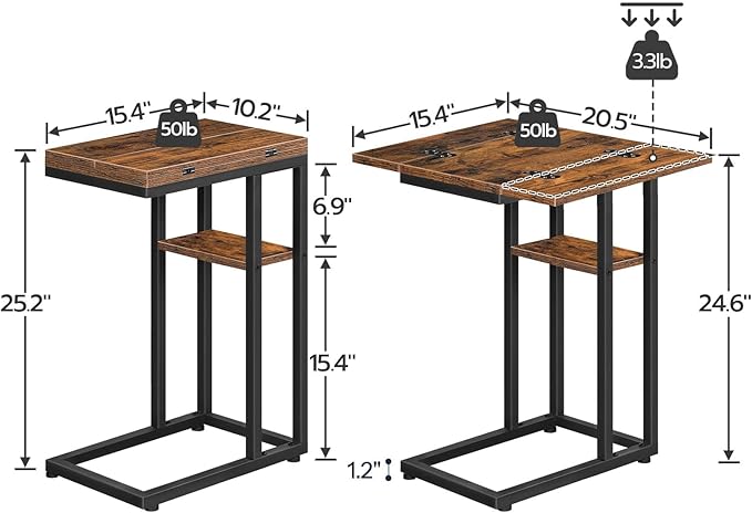 HOOBRO Foldable C Shaped End Table, C Shaped Side Table with Storage Shelf, Small Snack Table, Slide Under Couch Table for Sofa, Living Room Bedroom Small Spaces Easy Assembly, Rustic Brown BF29SF01