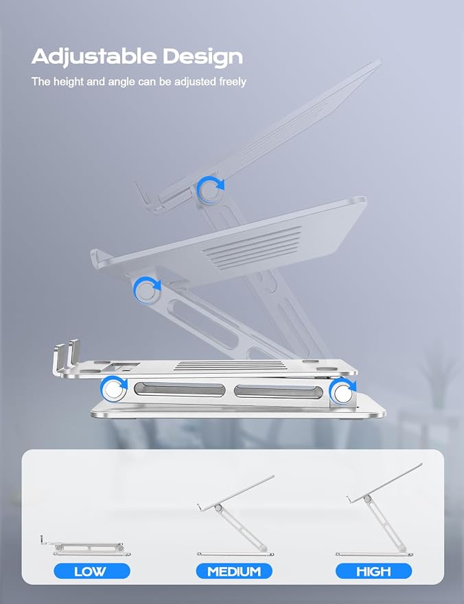 LOXP Aluminum Laptop Stand, Adjustable Laptop Stand for Desk Foldable | Portable Laptop Riser, Ergonomic Computer Notebook Holder for Desk, Office Desk Accessories (10-15.6'') - Silver