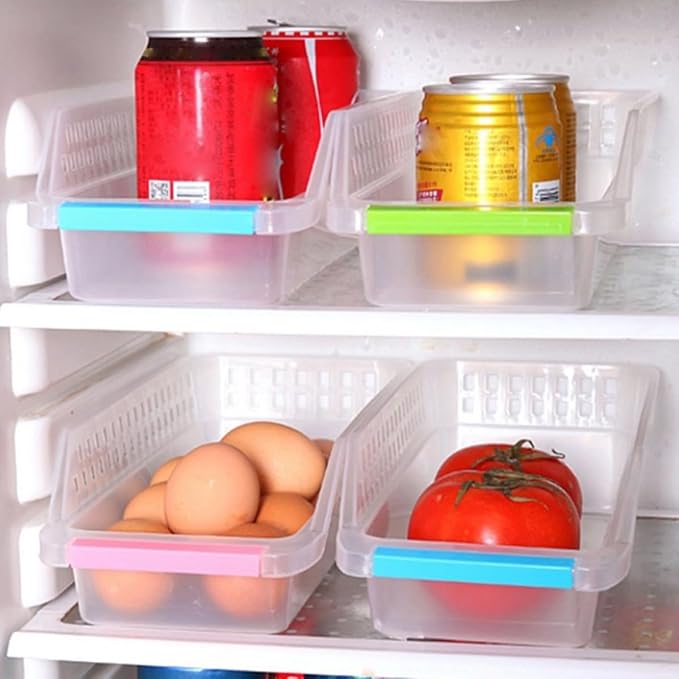 Plastic Storage Box for Refrigerator and Kitchen Organizer Bin with Ventilation, Sturdy Long-term Use, for Sauce Bottles and Drinks Storage in Fridge Drawer Random Color