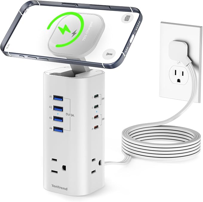 115W Fast Charging Station, TenTrend Power Strip Tower, 5FT Extension Cord | Charging Tower with 3AC Outlets & 8 USB Ports(4 USB-C), Foldable 15W Charging, Dorm, Office Desk Supplies