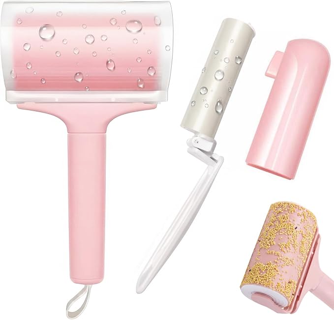 Reusable Lint Roller 2 Pack, Washable Sticky Lint Roller with Cover for Pet Hair, Portable Travel Lint Remover for Clothes, Purse, Furniture, Car, Large Mini Lint Brush for Home and Travel (Pink)