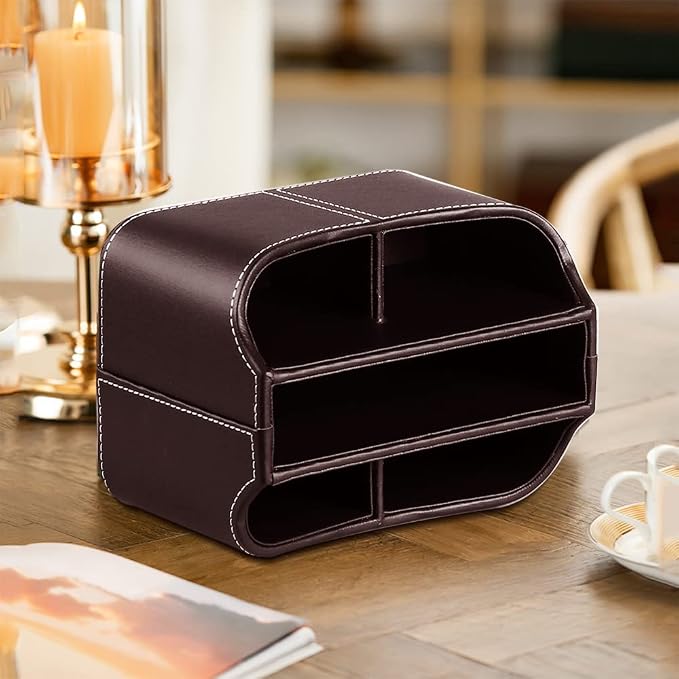 360° Rotating Remote Control Holder, PU Leather TV Remote Caddy Organizer Basket Storage Box with 5 Compartments for Pen, Pencil, Art Supplies, Makeup Brush, Office Desk Table Accessories | Nightstand Organizer Storage Box with 5 Compartments for Penci...