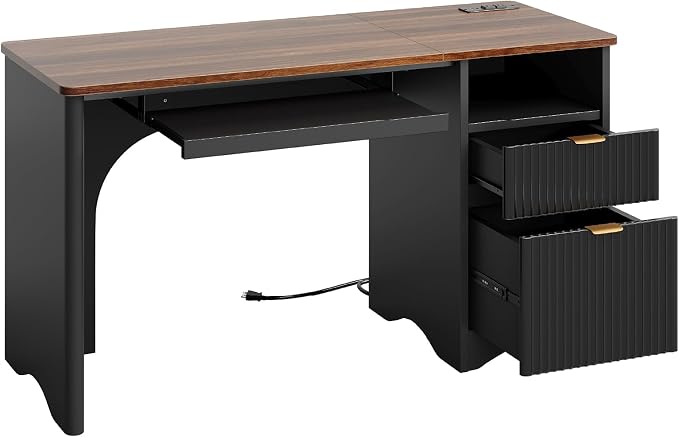 Bestier Computer Desk with Keyboard Tray, 55 inch Office Desk with Power Outlet, Modern Home Office Desk with File Drawer (Walnut with Black, 55" W with Single-Sided Drawers)