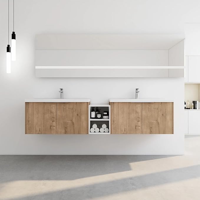 88IN Bathroom Vanity with Double Sink, Modern Solid Wood Floating Bathroom Sink Cabinet, Anti-Fog Mirror, Smart Storage Solutions, Waterproof Design, Open Shelving for Easy Access