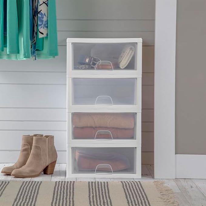 Sterilite 18-Pack 16 Quart Stacking Drawer, Clear Storage Closet Organizer, White Frame - Stackable Modular Plastic Drawers for Clothes, Accessories, Craft Supplies, Shoes or Linens