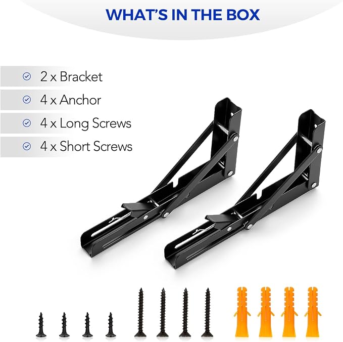 Ravinte Matte Black Folding Shelf Brackets, 8 Inch, 2 Pack | Collapsible Bracket Design, Table And Bench Support, Space-Saving Shelf Setup, For Worktops, Laundry Rooms, Garage Projects