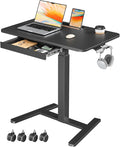 32" Mobile Desk with Drawer, Rolling Standing Desk on Wheels | Height Adjustable Desk with Cup Holder and Hooks, Portable Laptop Cart with Storage for Home Office, Black