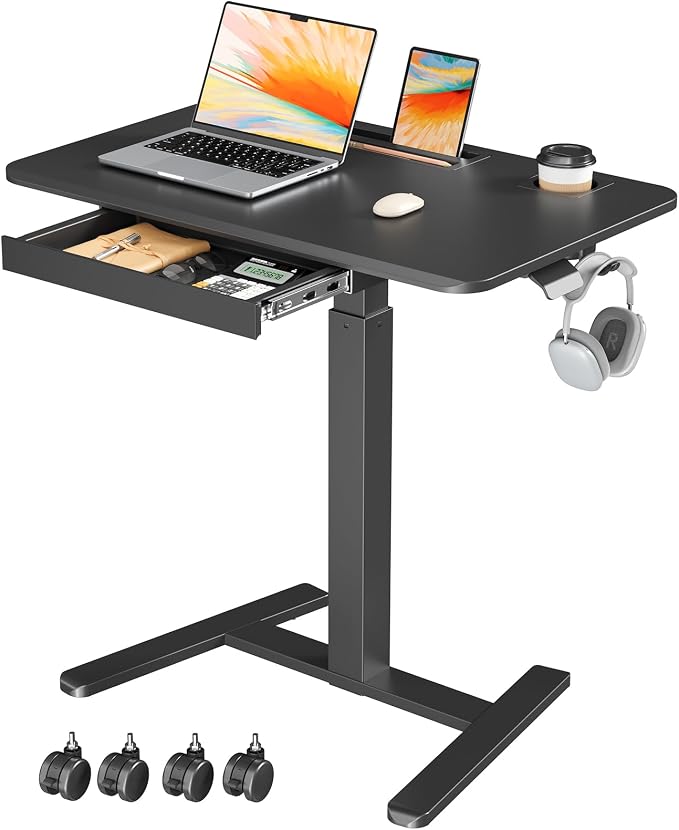 32" Mobile Desk with Drawer, Rolling Standing Desk on Wheels | Height Adjustable Desk with Cup Holder and Hooks, Portable Laptop Cart with Storage for Home Office, Black