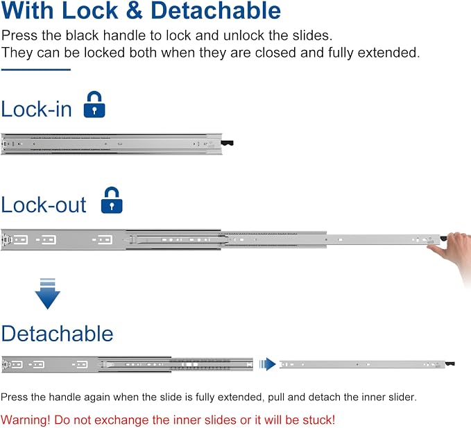 VADANIA #D51 12" Heavy Duty Locking Drawer Slide with Lock, 1-Pair | 150lb Load Capacity, 3-Fold Full Extension, Detachable, Ball Bearing Lock-in & Lock-Out, Side Mount