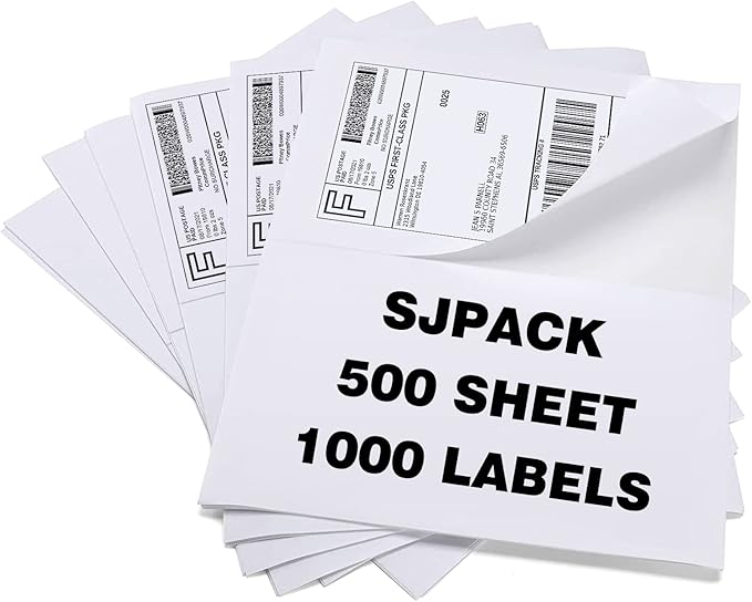 SJPACK 1000 Half Sheet Self Adhesive Shipping Labels, 8.5" x 5.5" Address Labels for Laser & Inkjet Printers(1000 labels-500 Sheet)