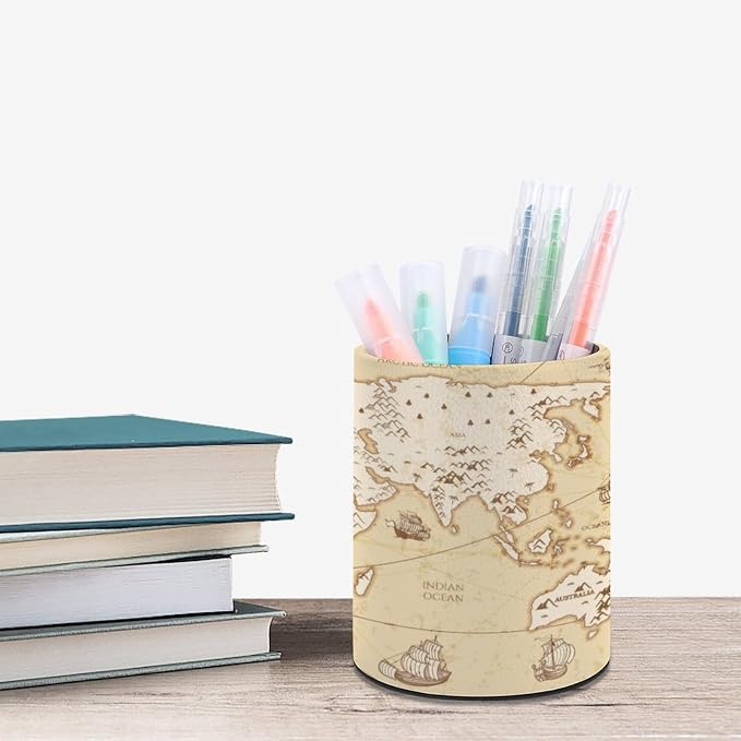 Vintage World Map Pen Holder Pencil Cup for Desk Organizer | Cute Makeup Brush Holder PU Multifunctional Office Suppliesfor Decor Home Classroom School