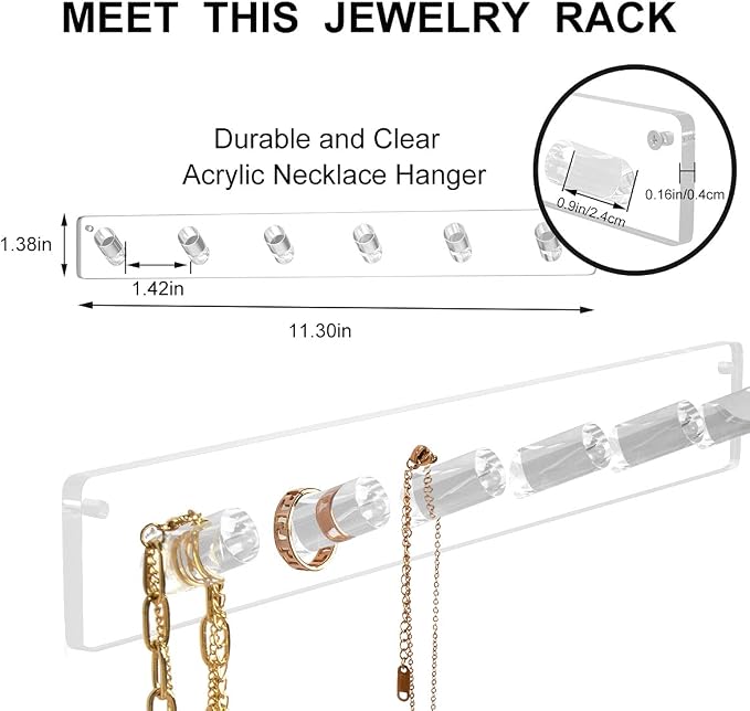 AITEE Acrylic Necklace Holder Organizer Wall Mounted with 6 Hooks, 2 PACK | 11.3x1.38, prevents tangles, hangs necklace, jewelry, bangles, bracelets, rings, for home, best gifts for girls and women