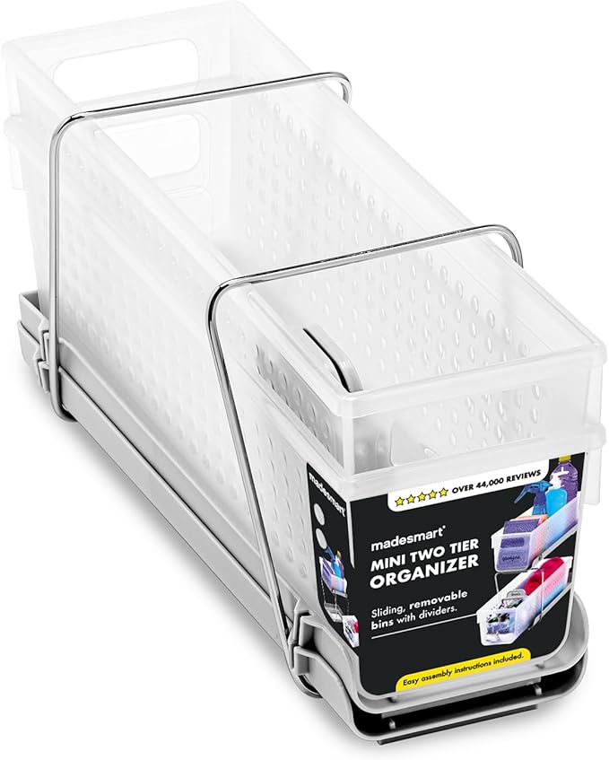 madesmart Mini 2-Tier Organizer, Multi-Purpose Slide-Out Storage with Handles and Dividers for Home and Bath, Frost