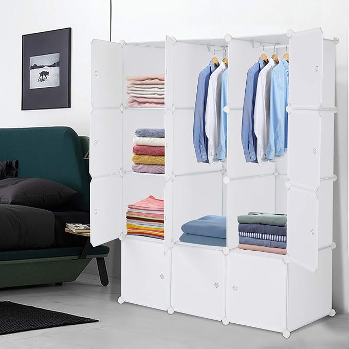 12 Cubes Storage Organizer,Portable Closet Wardrobe,Plastic Clothes Storage Shelves,Modular Bookcase Closet Cabinet,with Doors,for Kitchen, Bedroom, Playroom, Living Room, Office, Dorm (White)