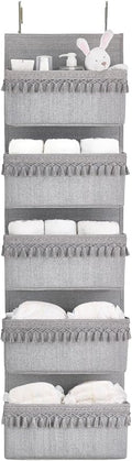 Dahey Over The Door Organizer Boho Nursery Storage Decor Closet Hanging Organizer with Tassels Decoration for Bedroom Nursery Bathroom Apartments Dorm Pantry, 5 Pockets, Grey