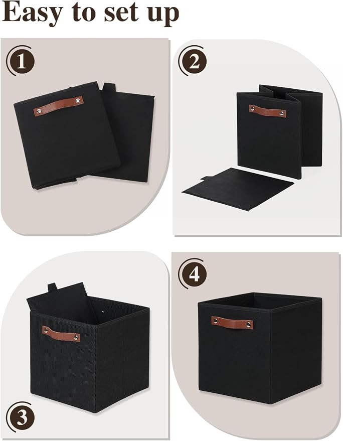 Temary 11x11 Storage Cubes Fabric Cube Storage Bins with Handles Clothes Storage Boxes Baskets for Organizing Home, Shelf, Closet (Black, 11 x 11 x 11)