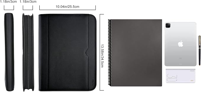 ProCase Portfolio Business Padfolio Folder with Zipper -Black | Conference Meeting Executive File Legal Document Organizer with Pockets Letter Size A5 Writing Pad Notepad Padfolio