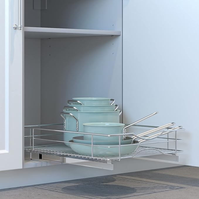 Home Zone Living Pull Out Kitchen Cabinet Organizer with Slide Out Drawer for Space Saving Storage, 17” W x 21” L