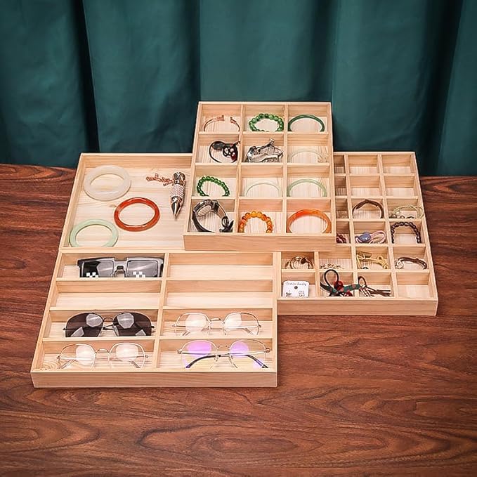 The Display Guys - Stackable Jewelry Tray and Organizer - for Drawers, Dressers, Store Display (18 Compartments, Natural Wood)