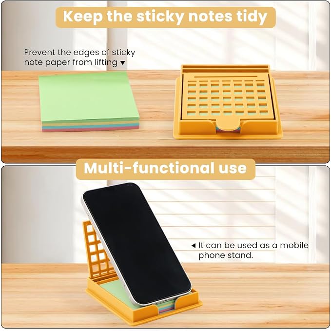 Sticky Note Holder with 5 Different Stencil & 100 Sheet Post It Notes, 3x3 inch Sticky Pads Dispenser with Line Box Drawing Template for Office and Home(COLOR:yellow)