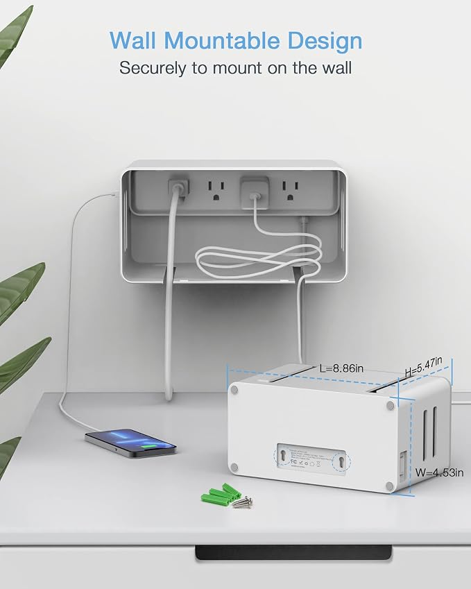 TESSAN Power Strip with Cable Management Box, 5 ft Flat Plug Extension Cord | 4 Outlets 2 USB Ports with Overload Switch, Mountable White Power Cord Organizer Charging Station for Dorm, Office, Home