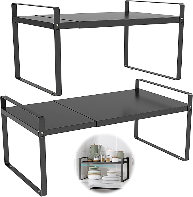 Adjustable Cabinet Shelves 9", Expandable 14~25" Metal Shelving for Pantry & Kitchen Organization, (2 Pack) Heavy-Duty Shelf Organizer, Fits Microwave, Spices, Countertop Storage