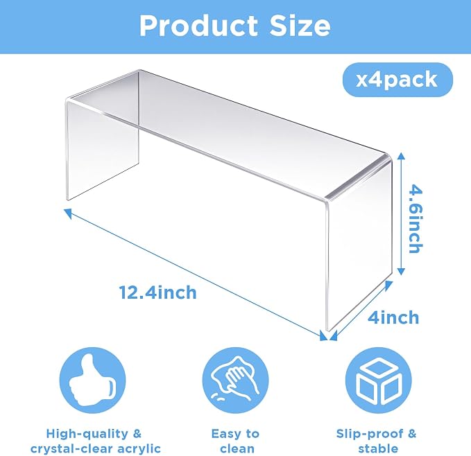 4 Pack Large Acrylic Risers – Clear Display Shelf Organizer for Kitchen, Countertop, Spices, Perfume, Cupcakes (12.4” x 4” x 4.6”) – Non-Slip & Durable
