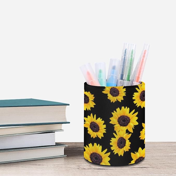 Sunflower Pen Holder Pencil Cup for Desk Organizer | Cute Makeup Brush Holder PU Multifunctional Office Suppliesfor Decor Home Classroom School