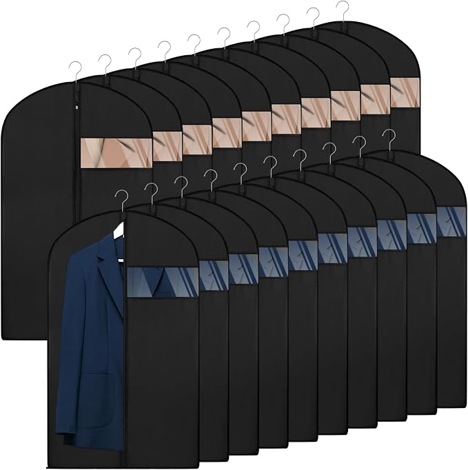 20 Pack Garment Bags for Hanging Clothes,Suit Bags For Closet Storage and Travel with Clear Window 40-inch Suit Garment Bag for Men Women Skirt Shirt Coat,Black