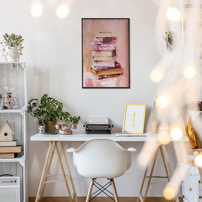 Pastel Book Stack Art Aesthetic Poster Canvas Wall Art Decoration Living Room Home Decor Bedroom Decoration Poster black framed12x18inch
