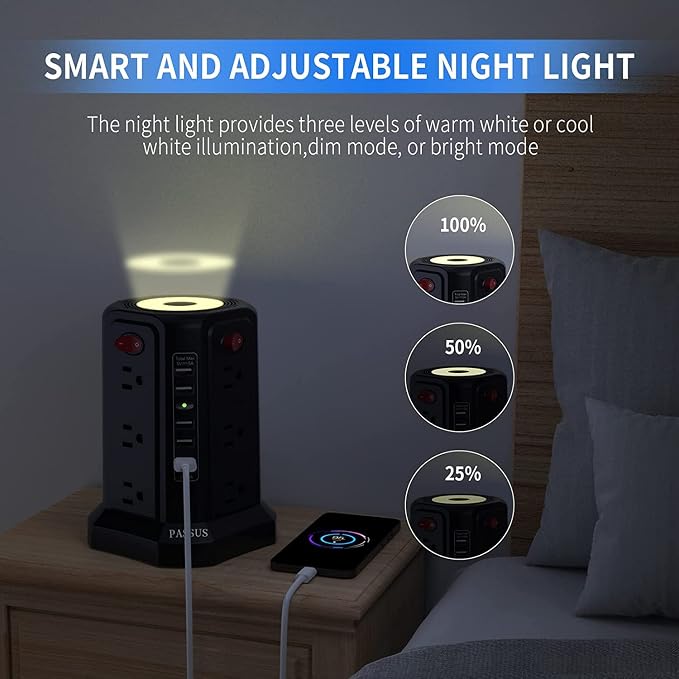 Surge Protector Power Strip Tower with 5 USB Ports and Night Light, 10FT Extension Cord with 12 AC Multiple Outlets, PASSUS Power Tower, Overload Protection for Home Office Dorm Room (2PC-White+Black)