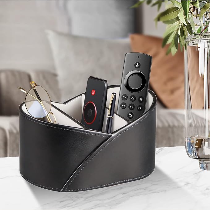YAPISHI Leather Remote Control Holder for Table,TV Remotes Caddy 3 Grid Desk Organizer and Accessories Storage for Controllers/Stationery/Supplies, Modern Decorations for Living Room Nightstand Black