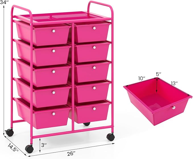 Giantex 10 Drawers Rolling Cart, Classroom Organizers, Storage Cart with Wheels, for Teacher Office Home School Supplies Tool Craft Art Paper, Hot Pink