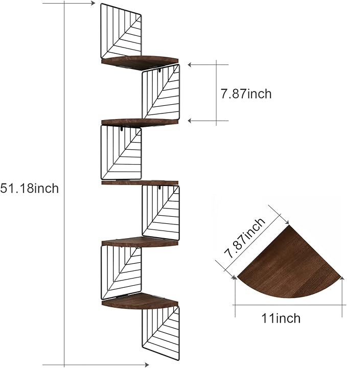 Love-KANKEI Corner Wall Shelf 5 Tier,Solid Wood with Bracket,51"Tall,Walnut | Easy to Install,Leaf-Shaped Floating Wall Shelves,Capacity 44 Lbs,For Bedroom Living Room Bathroom Kitchen Office,Display