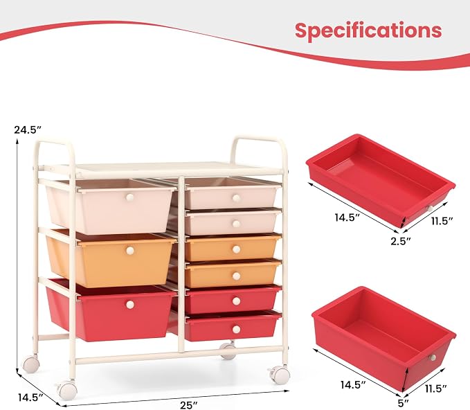 Giantex 9 Drawers Rolling Cart, Classroom Organizers, Storage Cart with Wheels, for Teacher Office Home School Supplies Tool Craft Art Paper, Macaron Multicolor
