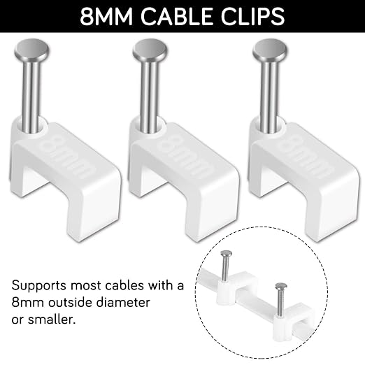 Cable Clips - CableGeeker 100 Pieces Ethernet Cable Clips with Nails 8mm Cord Holder for Cat6 Cat7 Flat Ethernet Cable (White)