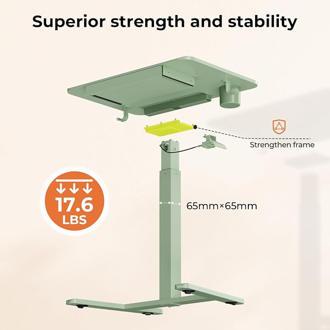 28" Mobile Standing Desk with Drawer, Portable Laptop Desk | Rolling Desk with Cup Holder and Hooks, Height Adjustable Computer Cart with Storage, Lockable & Hidden Wheels, Sage Green