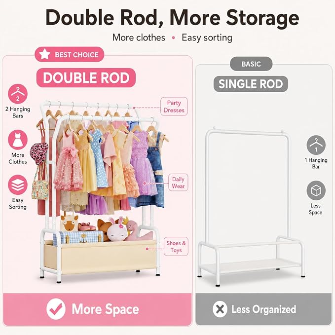 Kids Clothing Rack with Double Hanging Rods and Storage Basket | Child-Height Dress Up Storage for Toddler, Open Kids Closet for Baby Clothes, Costumes, Shoes and Toy, Bedroom Nursery