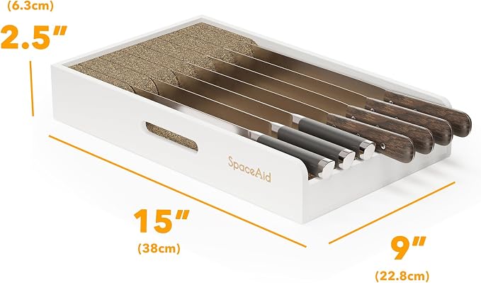 SpaceAid Knife Drawer Organizer 9 inches Wide Bamboo Insert Dock, Kitchen Steak Knives Holder Organizers Block for Drawer in Storage Organization (Medium, White)