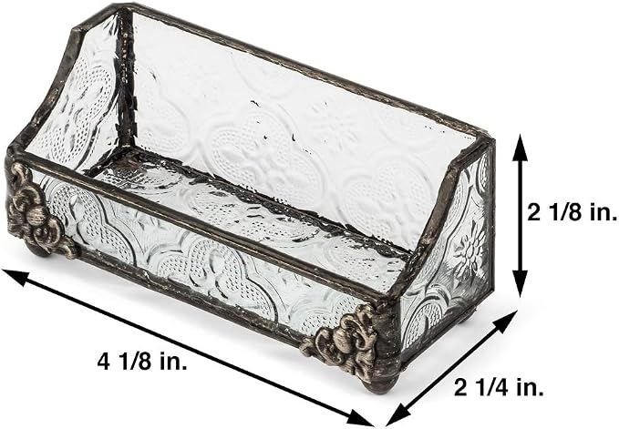 J Devlin Stained Glass Business Card Holder, Vintage Glass Desk Display | Handcrafted stained glass business card holder for desks, reception counters, executive offices, and home workspaces.