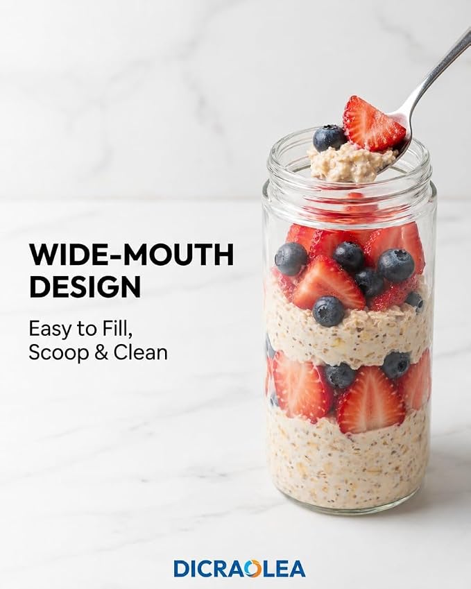 24oz 4Pack Glass Overnight Oats Jars Containers with Airtight Leakproof Lids, Reusable Mason Jars for Meal Prep, Yogurt Parfaits, Smoothies, Salads & Healthy Breakfasts (24 OZ-4-1)