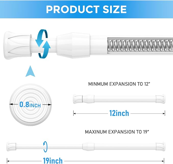 2 Pack Small Tension Rod 12 to 19 Inch Adjustable Tension Curtain Rod Mini Closet Spring Rod No Drilling Short Tension Rods for Windows, Cupboard, Kitchen Cabinets, White