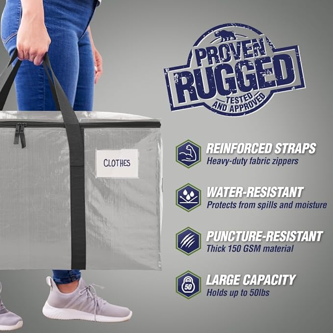 RUGGED RHINO 8 Pack Heavy Duty Extra Large Moving Bags, Durable Bag with Strong Handles and Zipper, Moving Boxes Alternative for College Packing, Holiday Décor, Space Saving Storage with Label, Silver