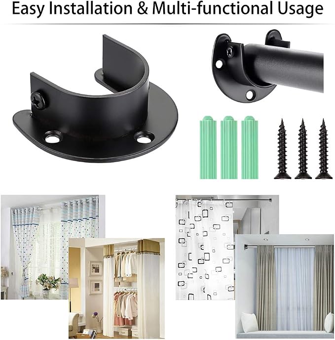 OwnMy 4 Packs Closet Rod End Supports Brackets 1-1/2" Diameter, Black | U Shaped Stainless Steel Closet Pole Sockets, Flange Rod Holder for Closet Wardrobe Shower Curtain Rod Holders
