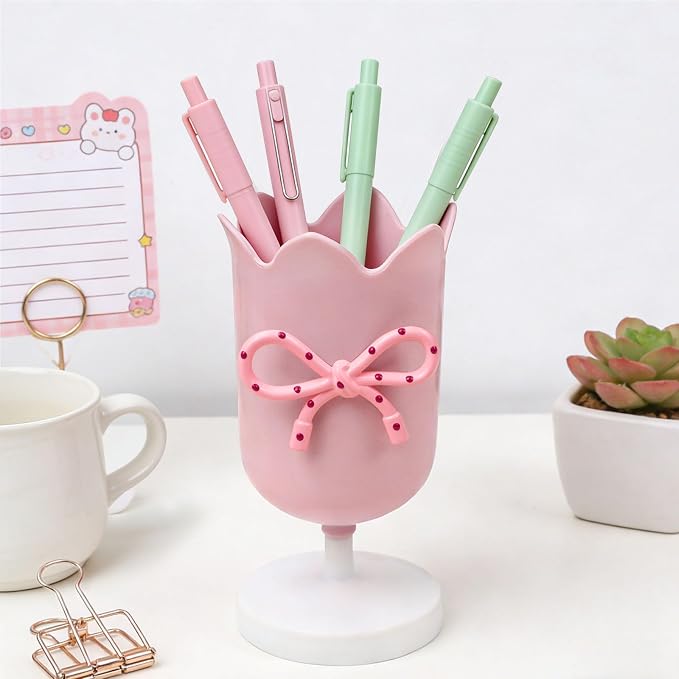 Tulip Pen Holder for Desk Cute Plastic Pencil Organizer Makeup Brush Cup Holders with Adhesive Bow, Teachers Gifts Back To School Office Accessories (Pink)