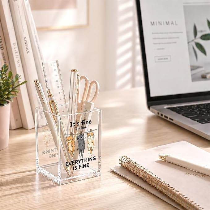 Funny It's Fine I'm Fine Everything Is Acrylic Pencil Holder Cup | Sarcastic Gifts for Coworker Boss Friend HR Cat Lover Nurse Student, Home Office Decor Accessories, Makeup Brush Organizer
