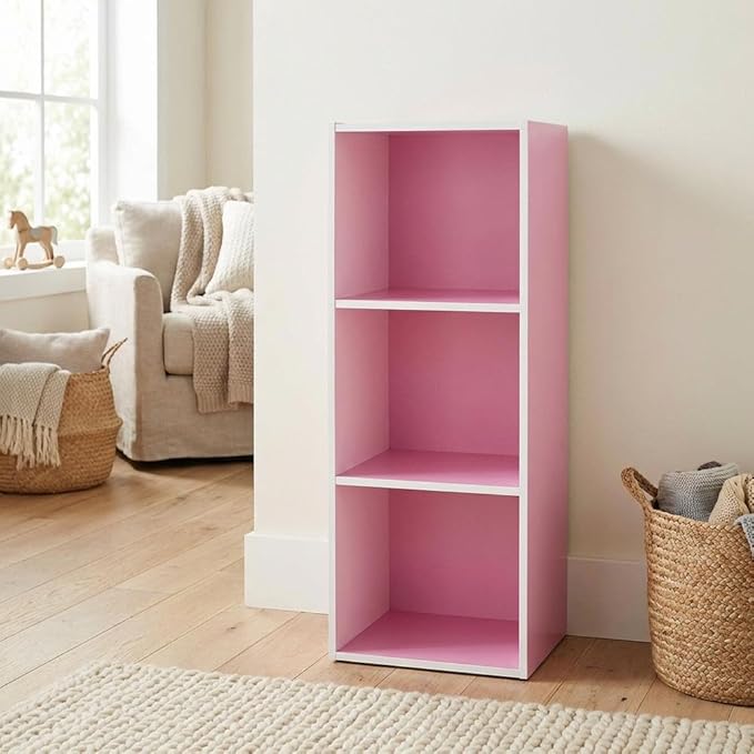 Furnifact White Pink 3-Tier Open Shelf Bookcase, Modern Design, Durable Construction, Space-Saving Storage, Suitable for Living Room or Office Display